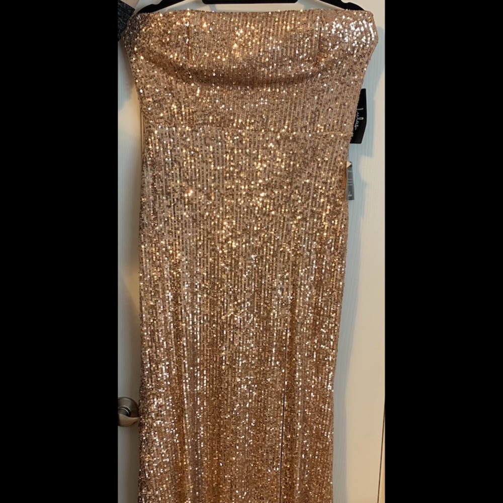 Rose gold strapless Lulu’s floor length dress